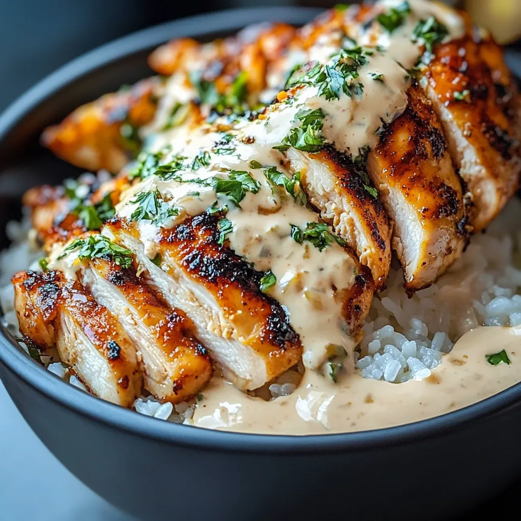 Chicken & Rice Bowls with creamy garlic sauce served with parsley and steamed broccoli.