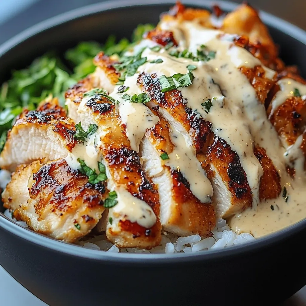 Chicken & Rice Bowls with creamy garlic sauce served with parsley and steamed broccoli.