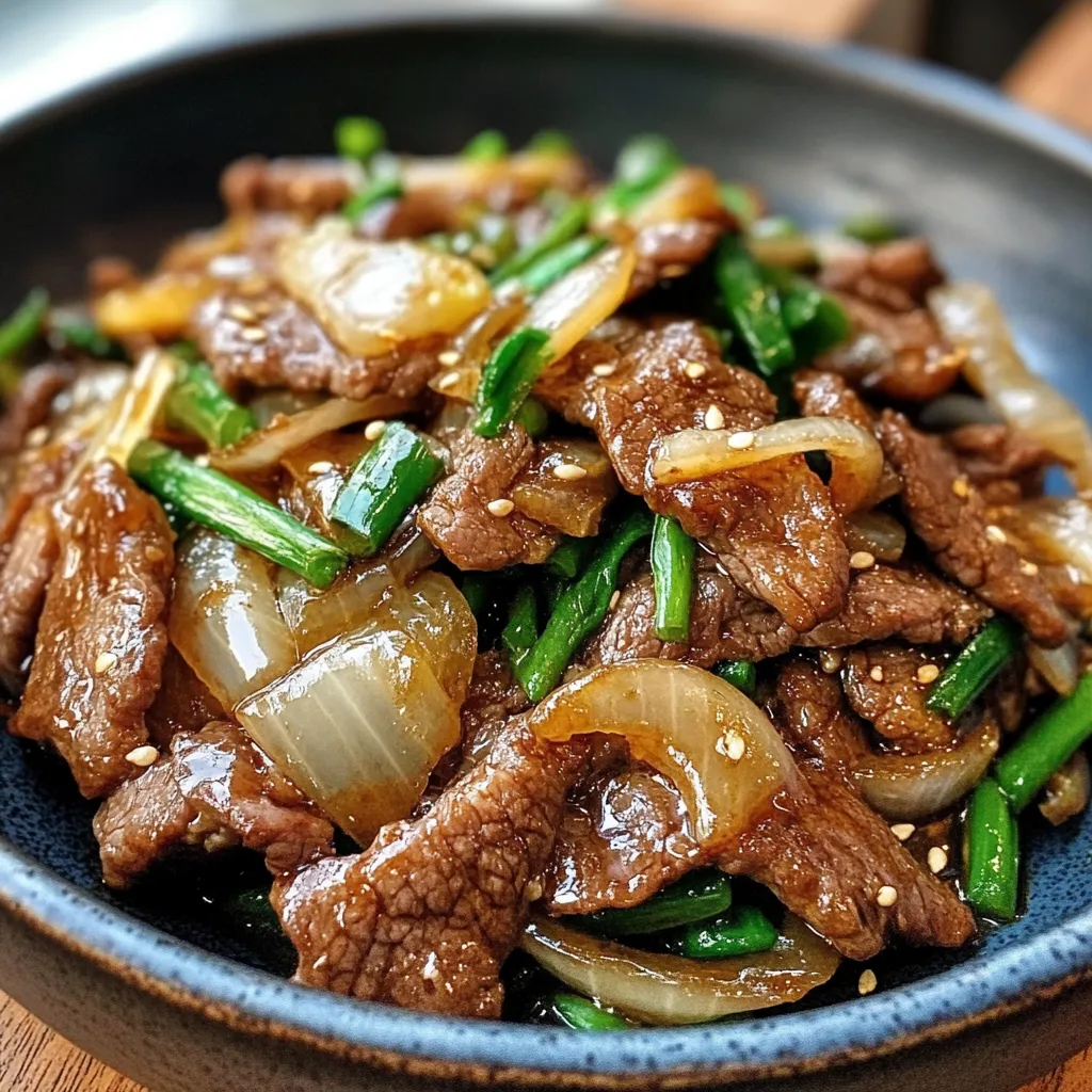 A vibrant plate of Chinese Beef and Onion Stir Fry featuring tender beef strips, caramelized onions, and garnished with green onions, served over white rice.