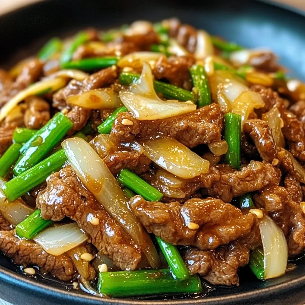 A vibrant plate of Chinese Beef and Onion Stir Fry featuring tender beef strips, caramelized onions, and garnished with green onions, served over white rice.