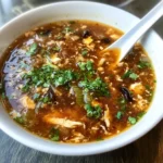 A bowl of homemade Chinese-style hot and sour soup, garnished with green onions and cilantro.