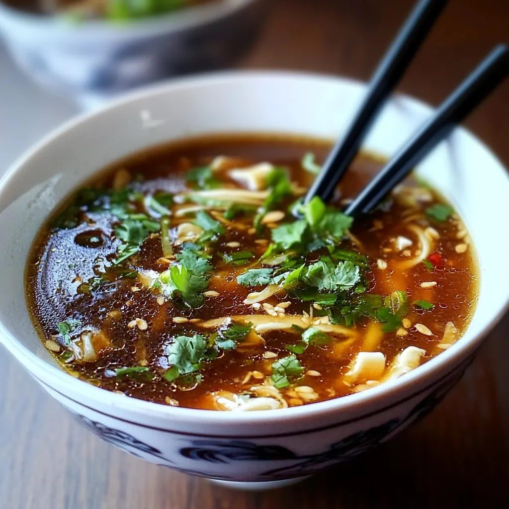 A bowl of homemade Chinese-style hot and sour soup, garnished with green onions and cilantro.