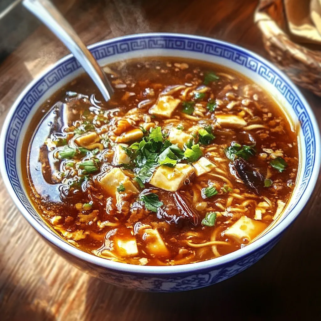 A bowl of homemade Chinese-style hot and sour soup, garnished with green onions and cilantro.