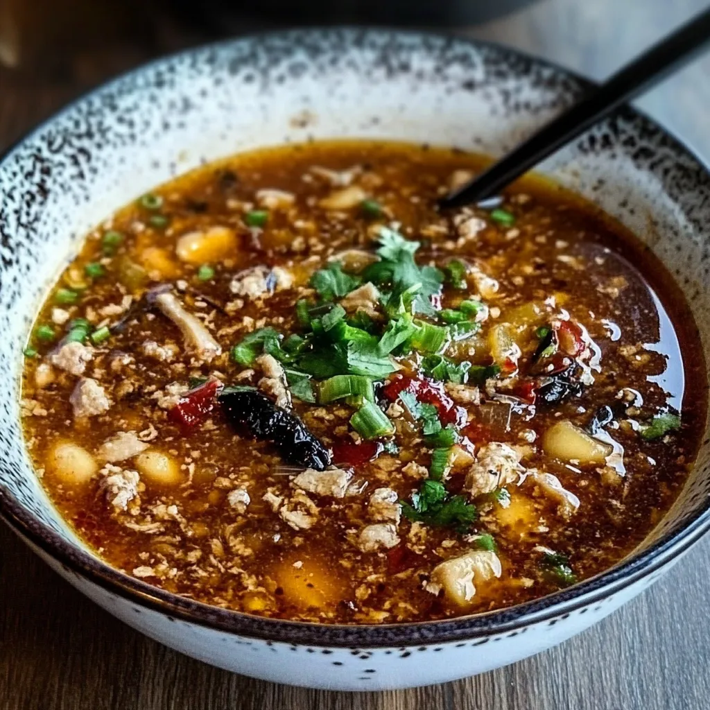 A bowl of homemade Chinese-style hot and sour soup, garnished with green onions and cilantro.