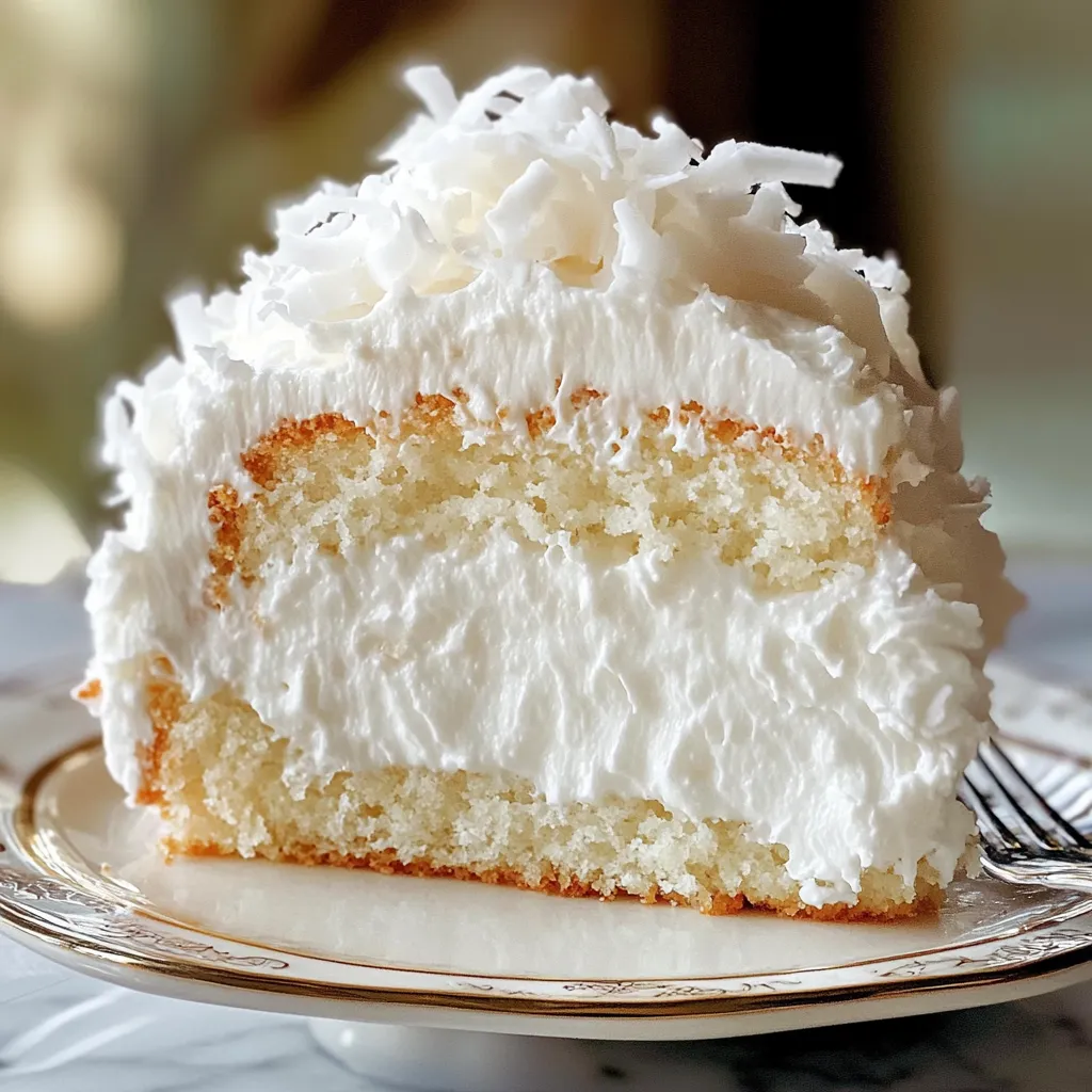 Fluffy Coconut Cloud Cake topped with creamy frosting and toasted shredded coconut.