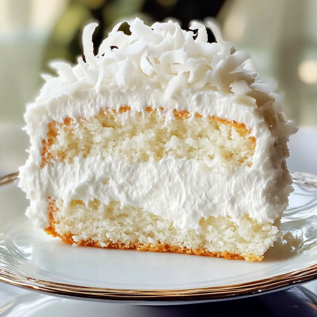 Fluffy Coconut Cloud Cake topped with creamy frosting and toasted shredded coconut.