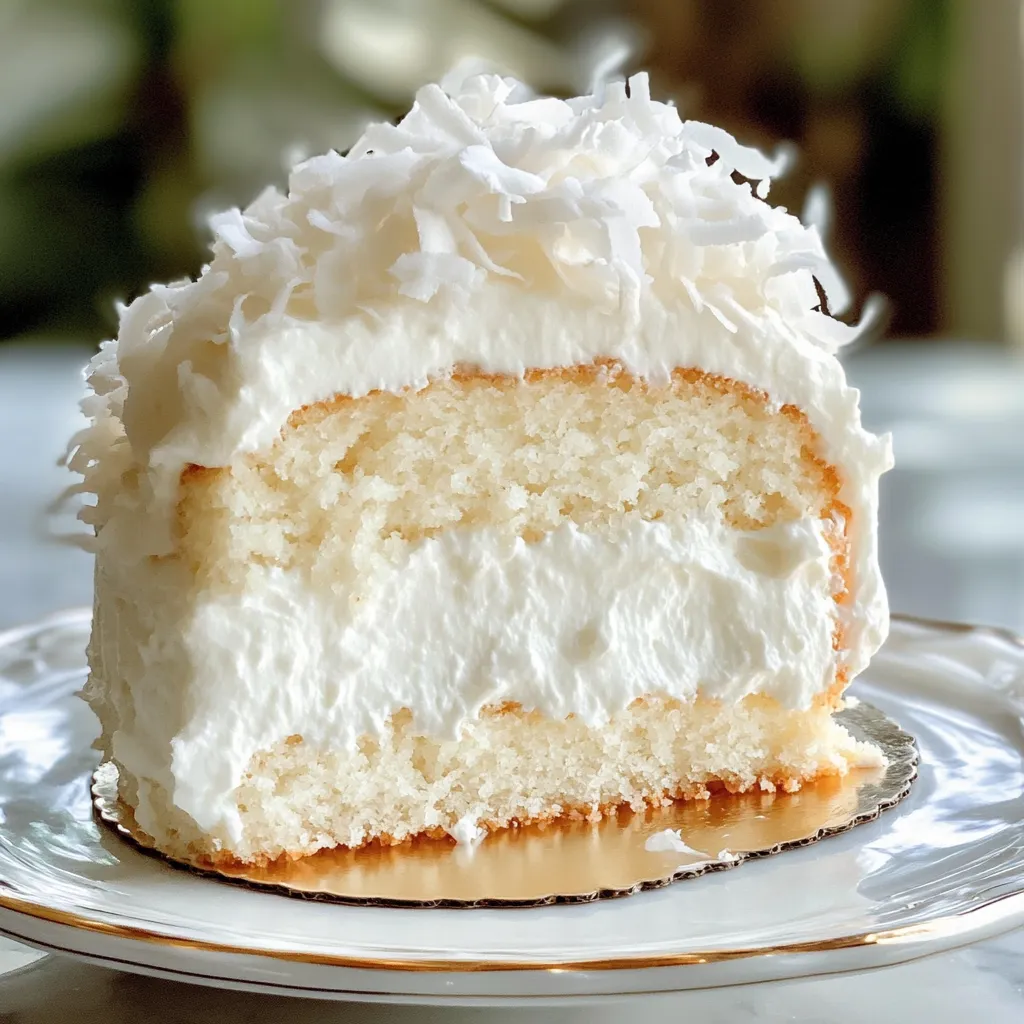 Fluffy Coconut Cloud Cake topped with creamy frosting and toasted shredded coconut.