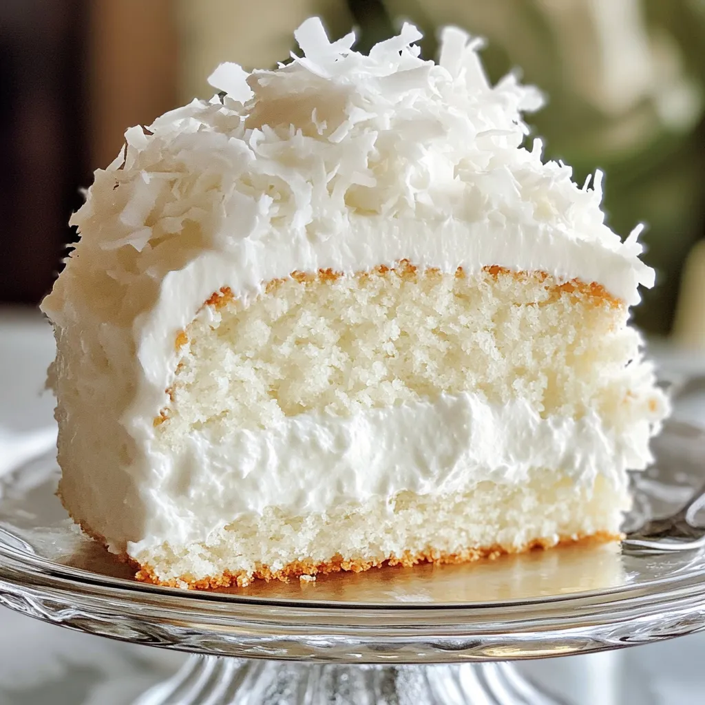 Fluffy Coconut Cloud Cake topped with creamy frosting and toasted shredded coconut.