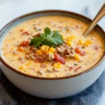 Ingredients for creamy cowboy soup, including ground beef, diced tomatoes, black beans, and spices, arranged on a wooden surface.