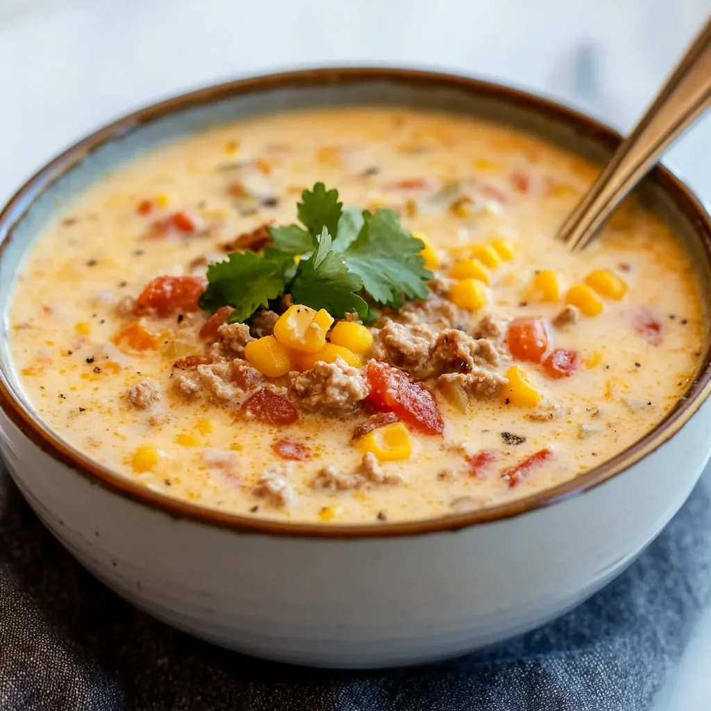 Ingredients for creamy cowboy soup, including ground beef, diced tomatoes, black beans, and spices, arranged on a wooden surface.