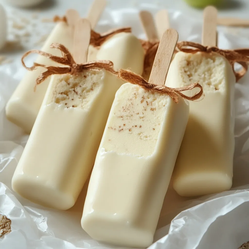 A set of creamy ice cream bars on wooden sticks, dipped in chocolate with sprinkles.