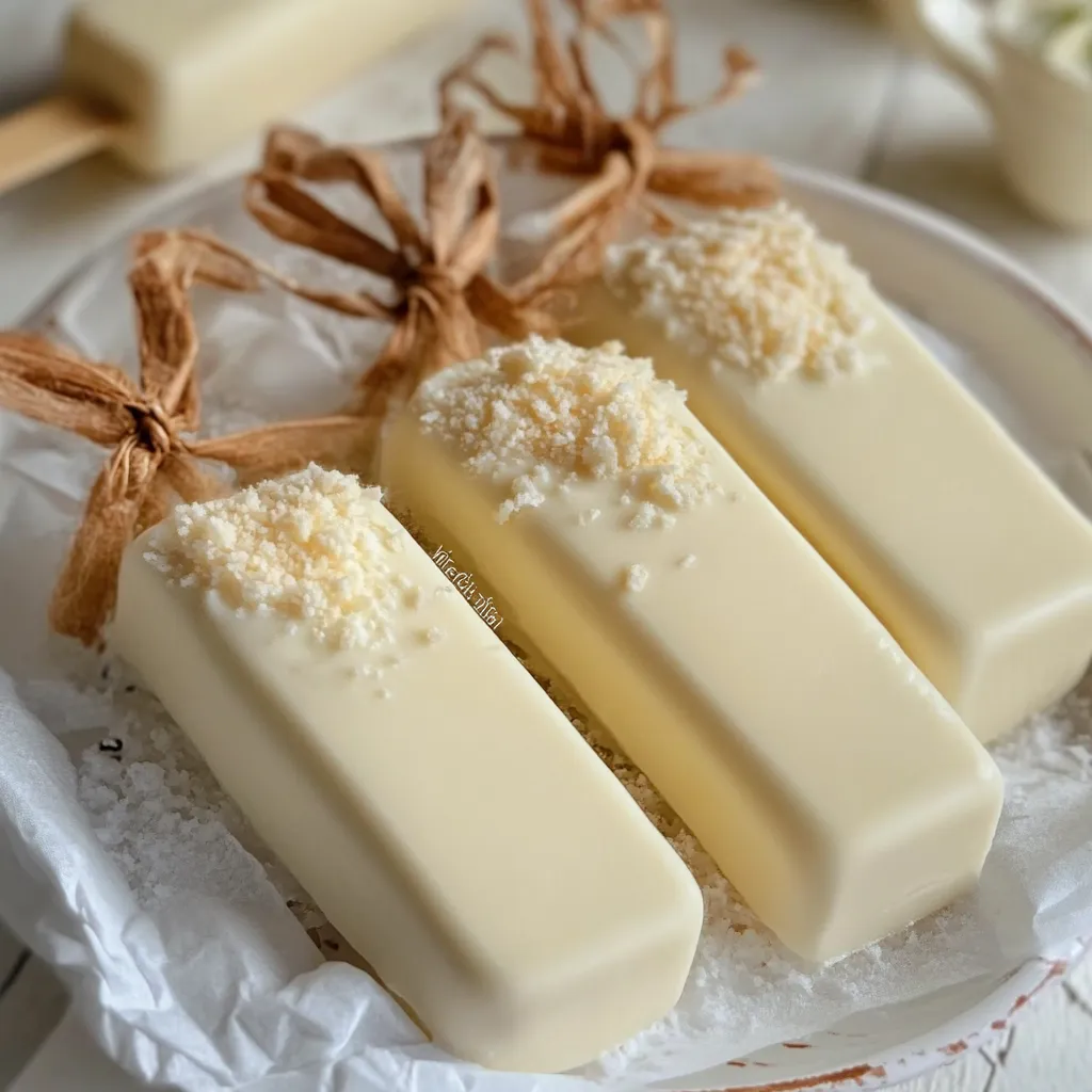 A set of creamy ice cream bars on wooden sticks, dipped in chocolate with sprinkles.