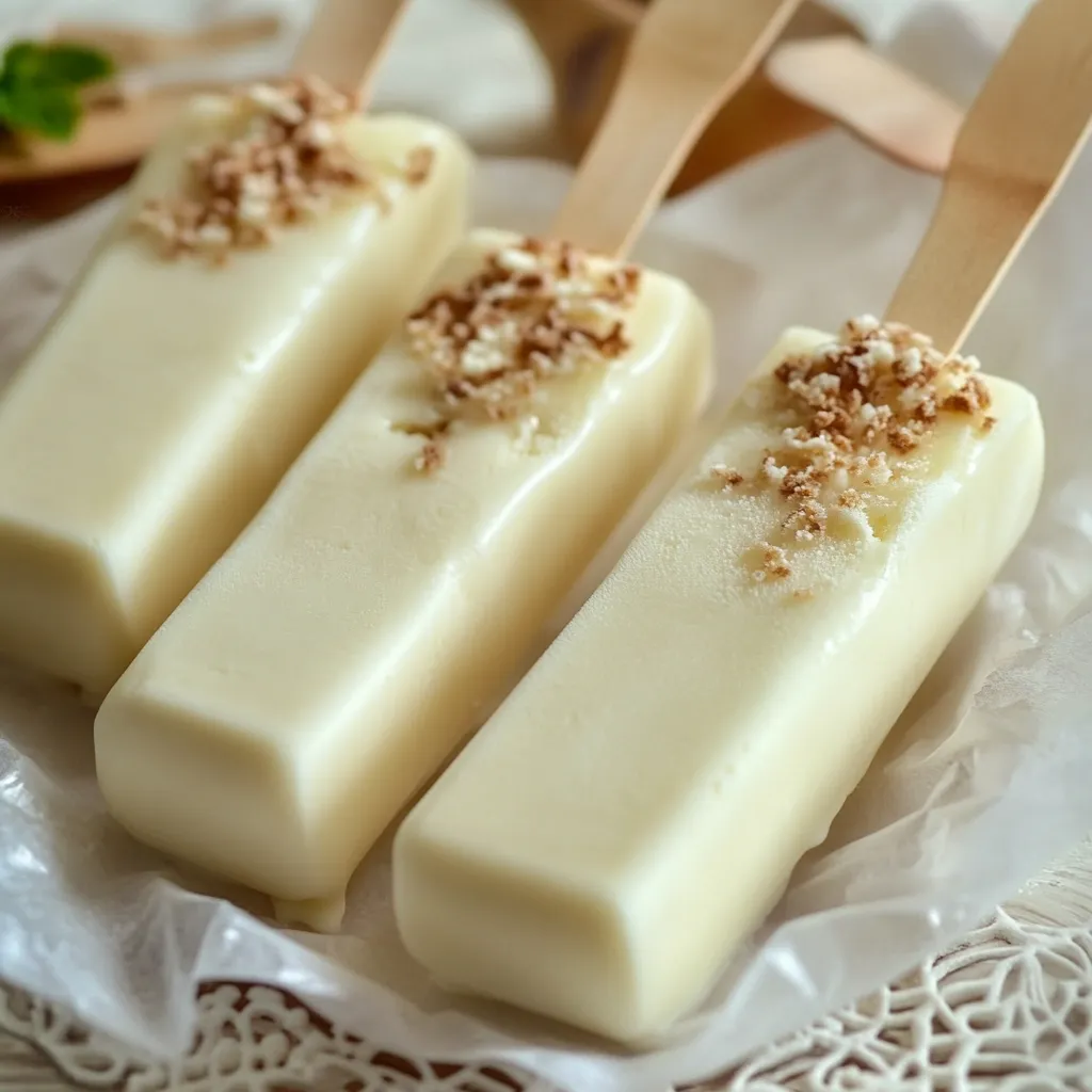 A set of creamy ice cream bars on wooden sticks, dipped in chocolate with sprinkles.