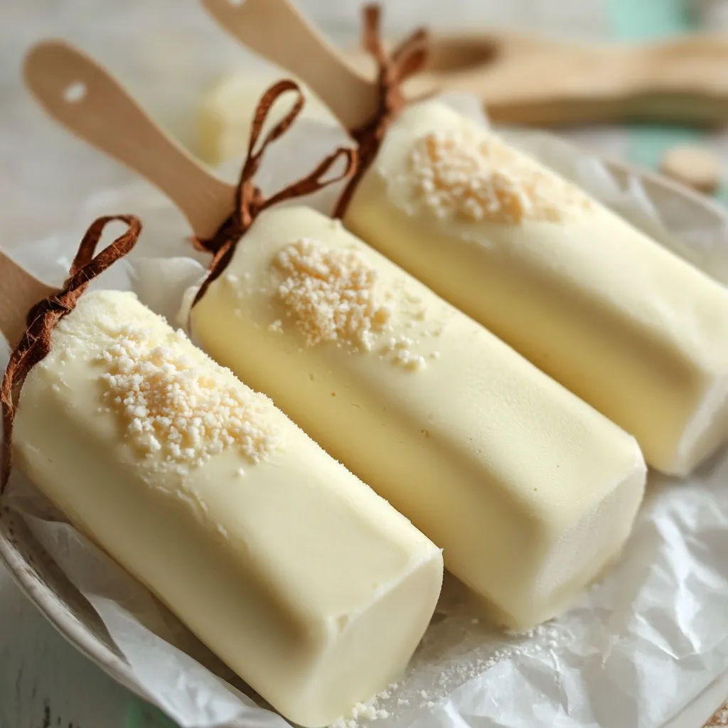 A set of creamy ice cream bars on wooden sticks, dipped in chocolate with sprinkles.