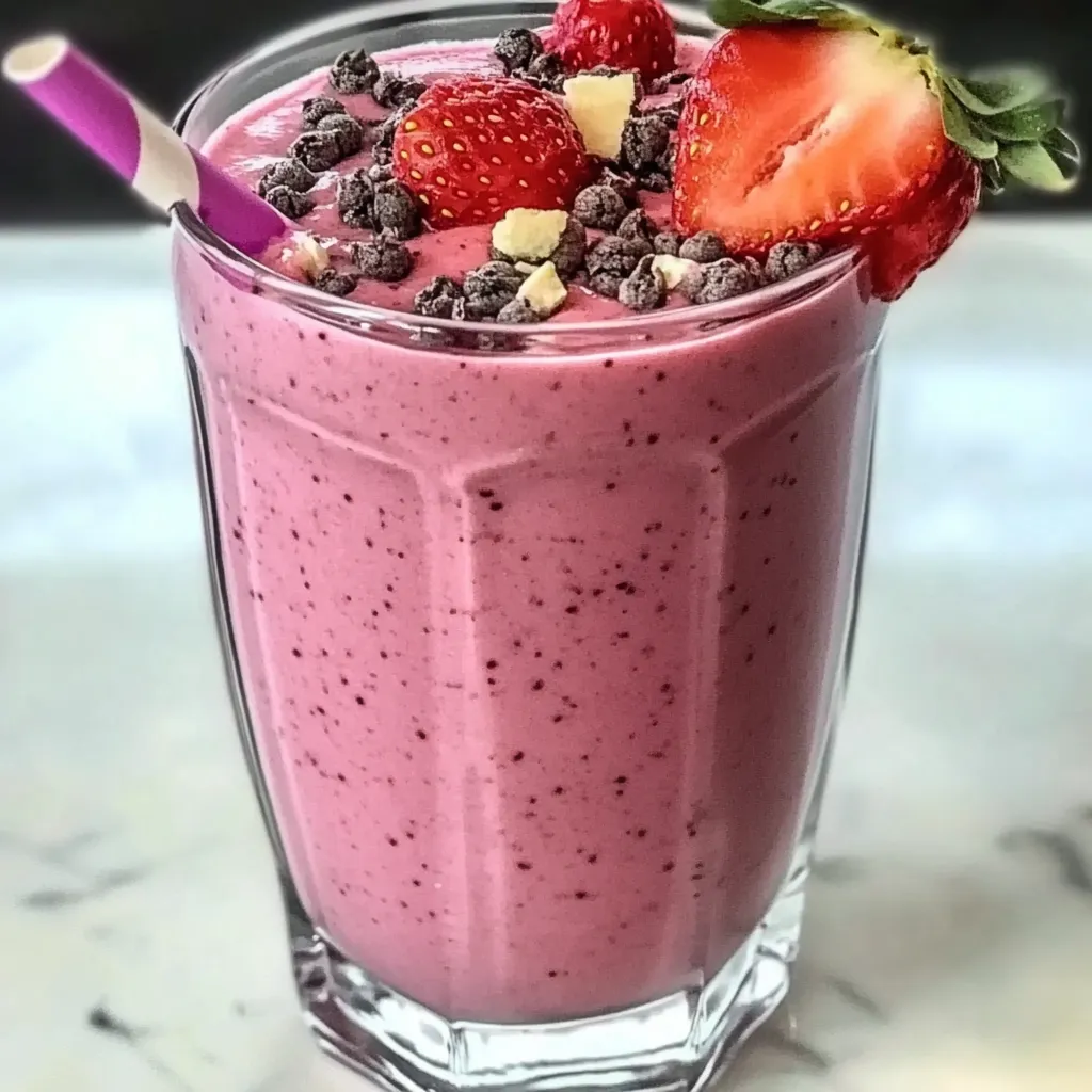 A refreshing fat-burning strawberry smoothie in a clear glass, garnished with a fresh strawberry and chia seeds.