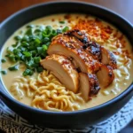 A bowl of Fiery Chicken Ramen topped with charred chicken slices, green onions, sesame seeds, and a soft-boiled egg in a creamy garlic sauce.