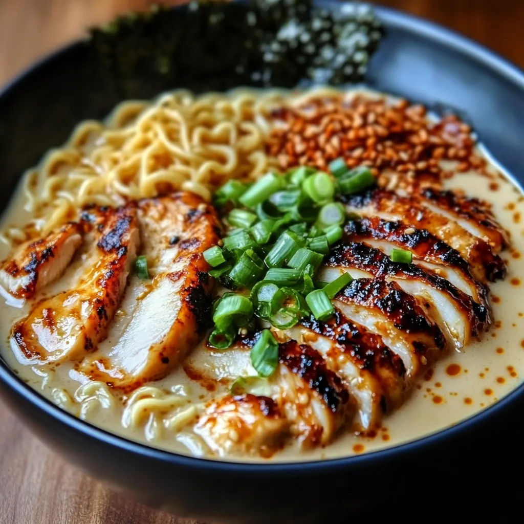 A bowl of Fiery Chicken Ramen topped with charred chicken slices, green onions, sesame seeds, and a soft-boiled egg in a creamy garlic sauce.