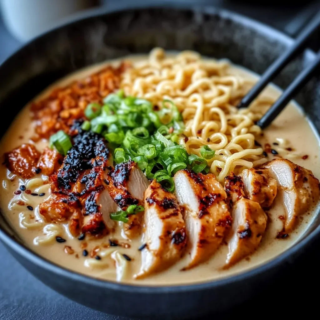 A bowl of Fiery Chicken Ramen topped with charred chicken slices, green onions, sesame seeds, and a soft-boiled egg in a creamy garlic sauce.