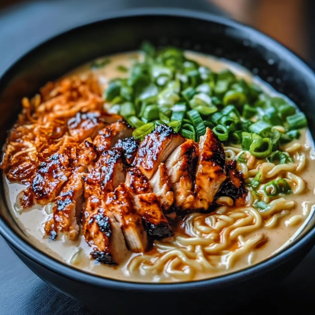 A bowl of Fiery Chicken Ramen topped with charred chicken slices, green onions, sesame seeds, and a soft-boiled egg in a creamy garlic sauce.