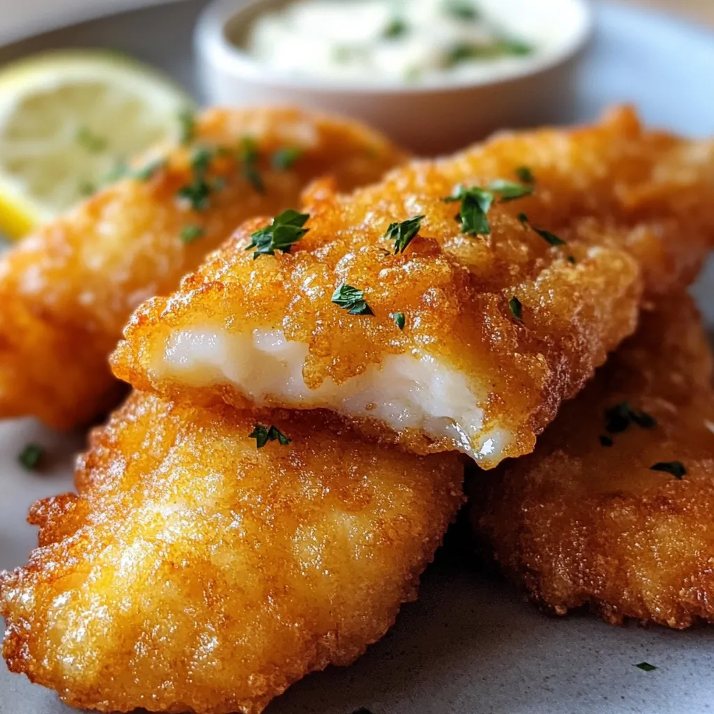 Golden, crispy fried fish served with lemon wedges and tartar sauce.