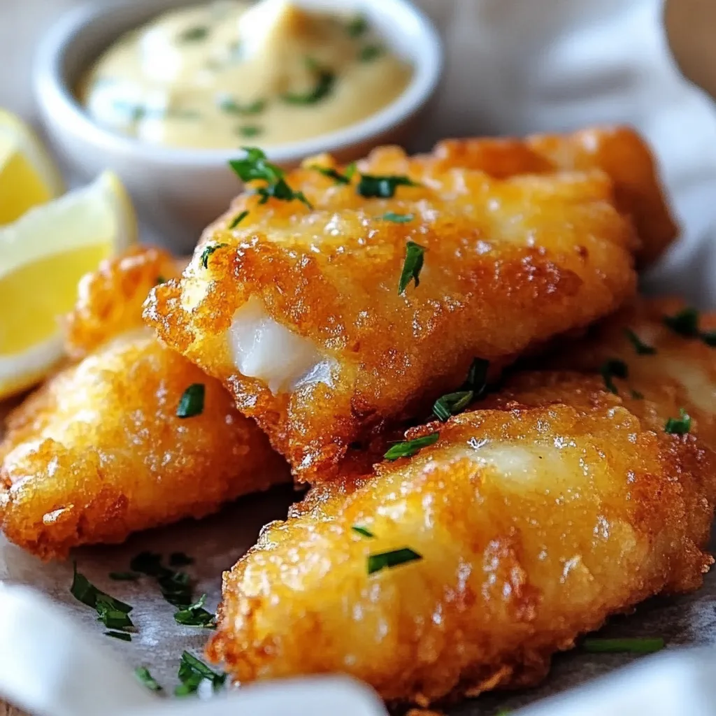 Golden, crispy fried fish served with lemon wedges and tartar sauce.