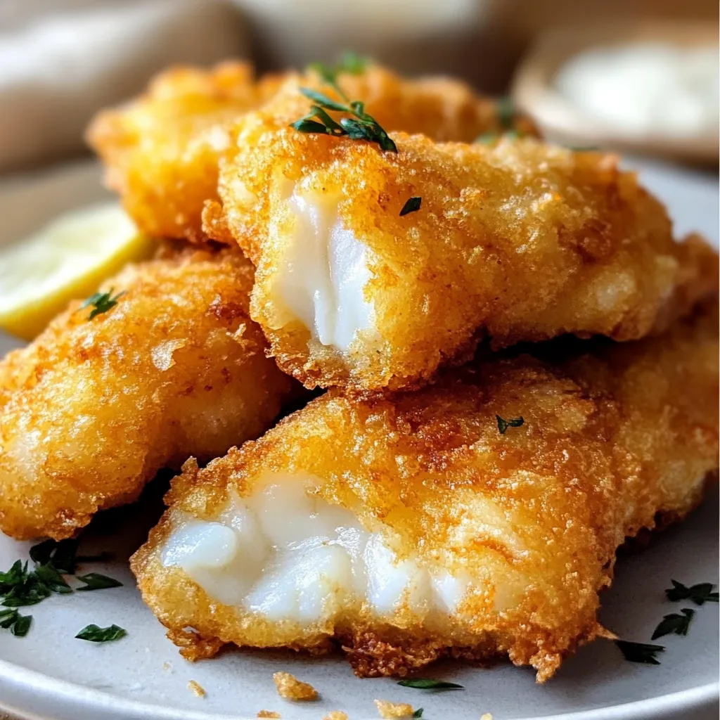 Golden, crispy fried fish served with lemon wedges and tartar sauce.