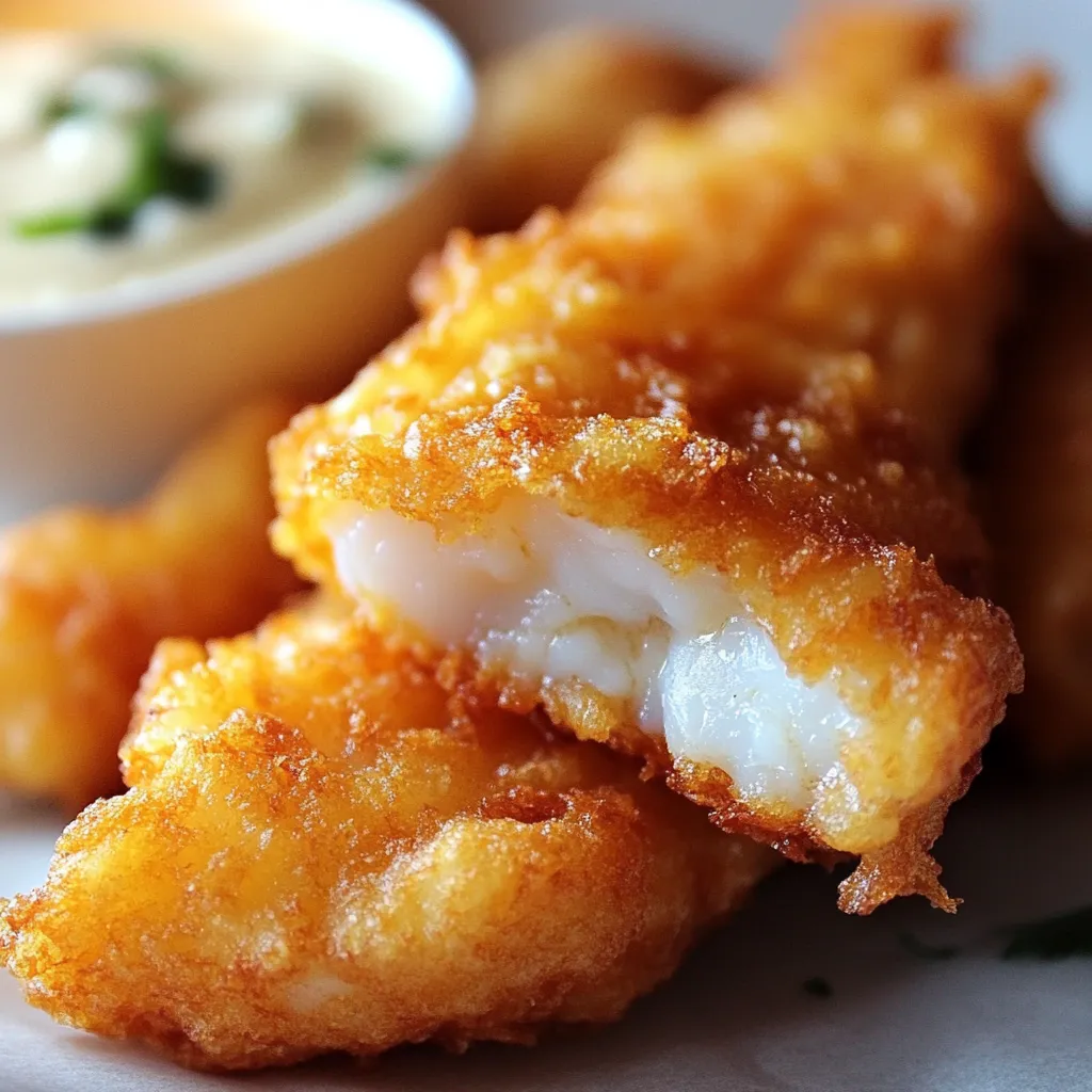 Golden, crispy fried fish served with lemon wedges and tartar sauce.