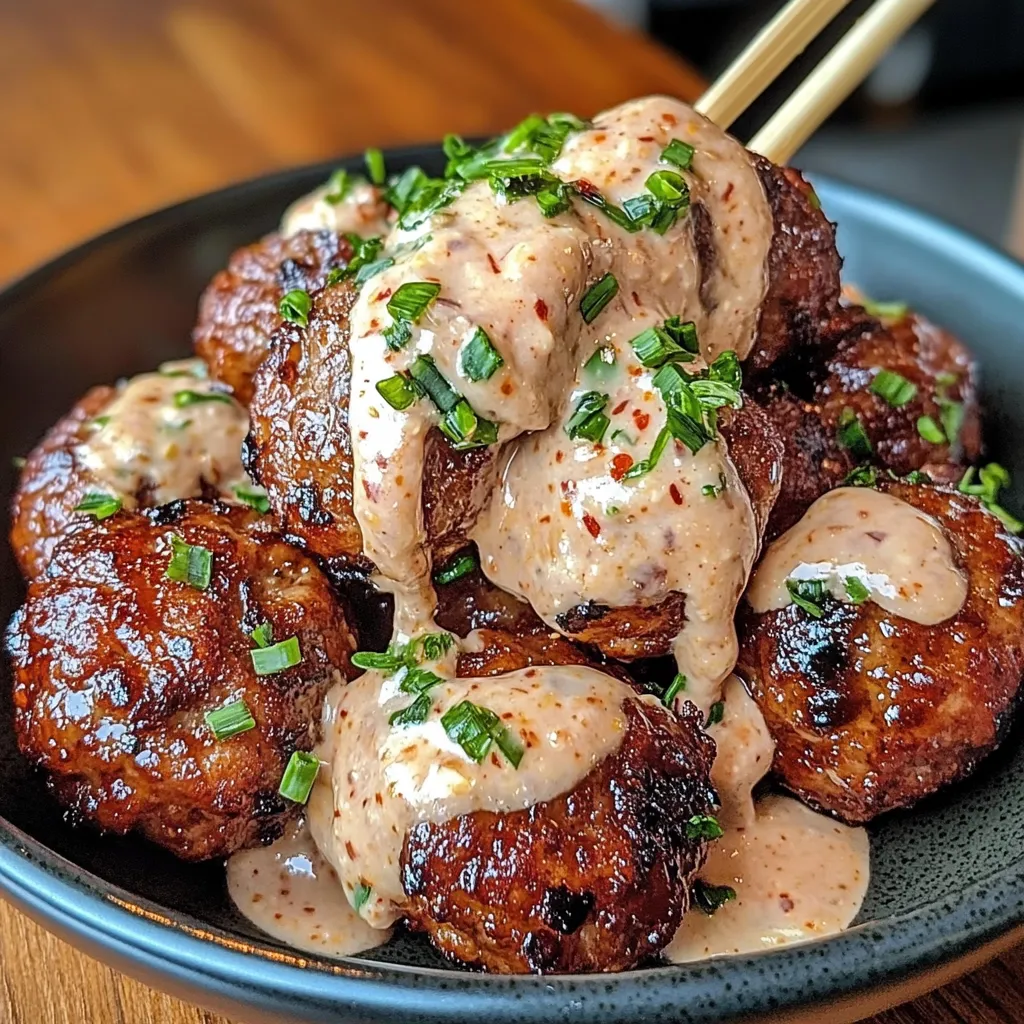 Korean BBQ meatballs glazed with a sticky sweet sauce, garnished with sesame seeds and green onions, served alongside spicy mayo dip in a white bowl.