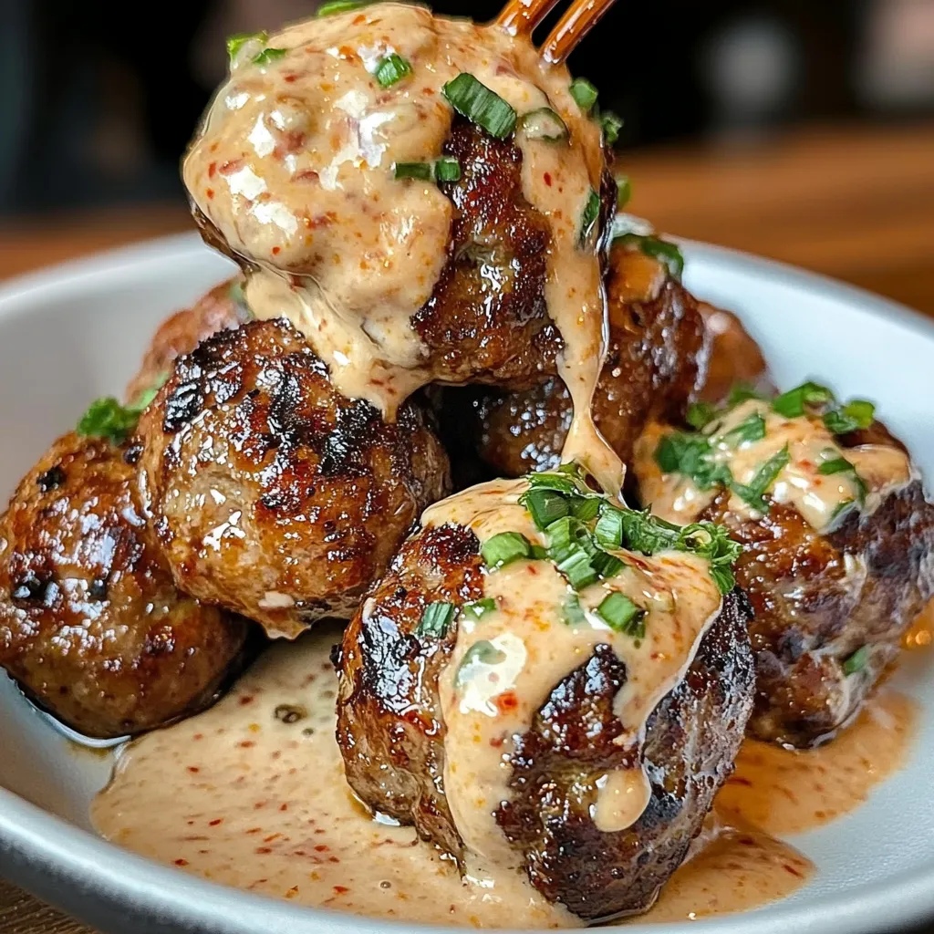 Korean BBQ meatballs glazed with a sticky sweet sauce, garnished with sesame seeds and green onions, served alongside spicy mayo dip in a white bowl.