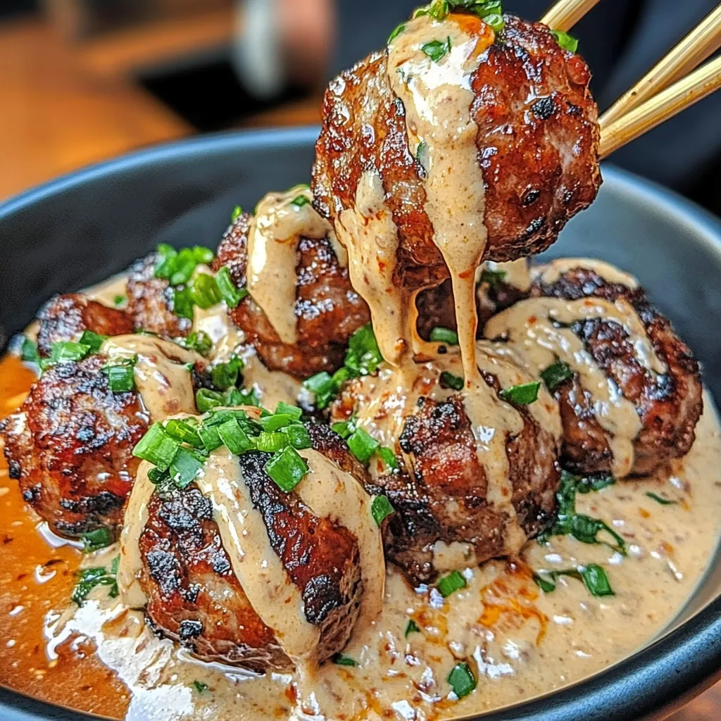 Korean BBQ meatballs glazed with a sticky sweet sauce, garnished with sesame seeds and green onions, served alongside spicy mayo dip in a white bowl.