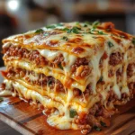 A slice of Million Dollar Lasagna on a white plate, showcasing layers of cheese, meat sauce, and pasta, garnished with fresh parsley.