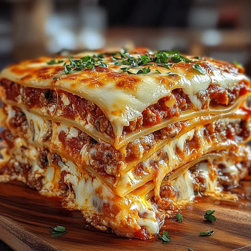 A slice of Million Dollar Lasagna on a white plate, showcasing layers of cheese, meat sauce, and pasta, garnished with fresh parsley.