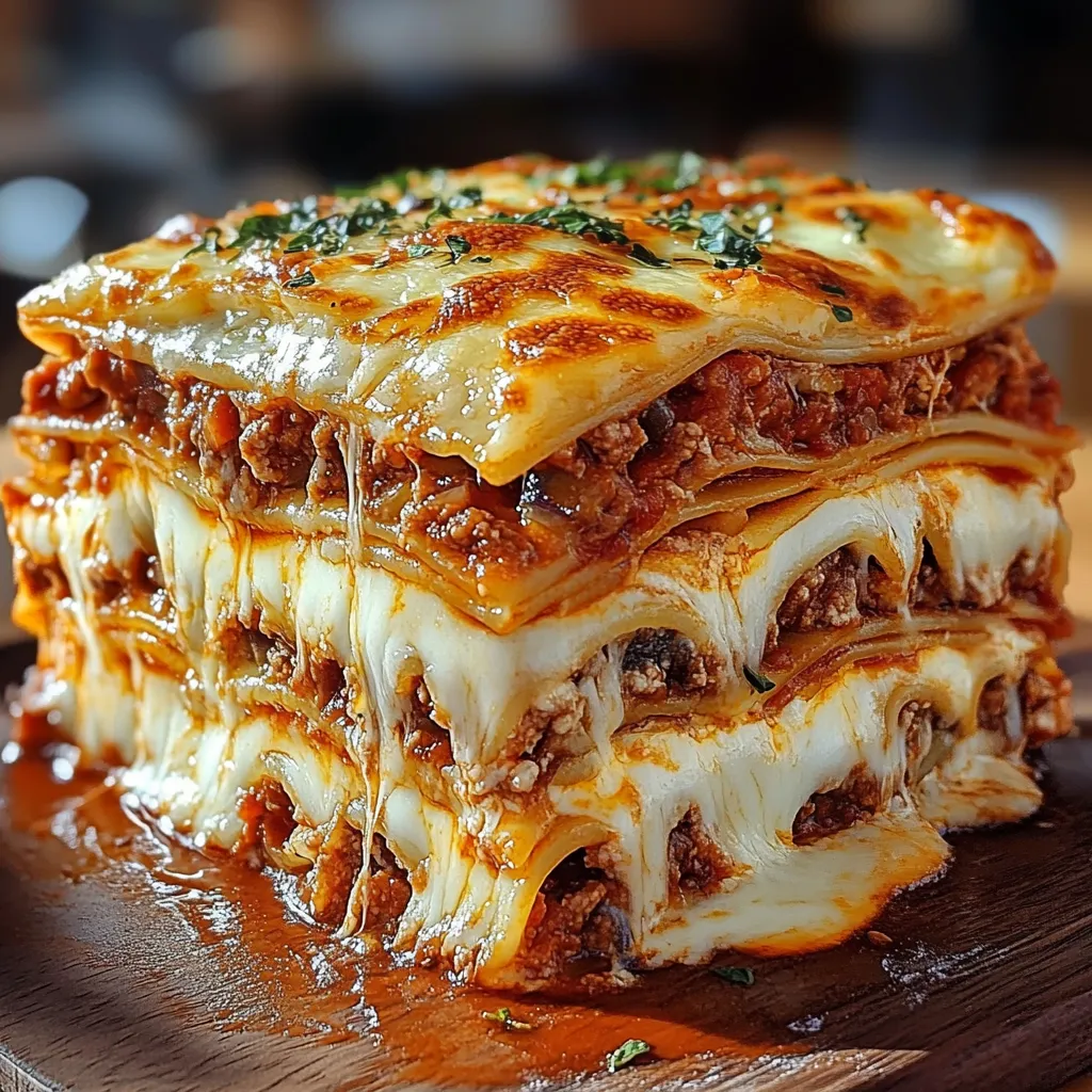 A slice of Million Dollar Lasagna on a white plate, showcasing layers of cheese, meat sauce, and pasta, garnished with fresh parsley.