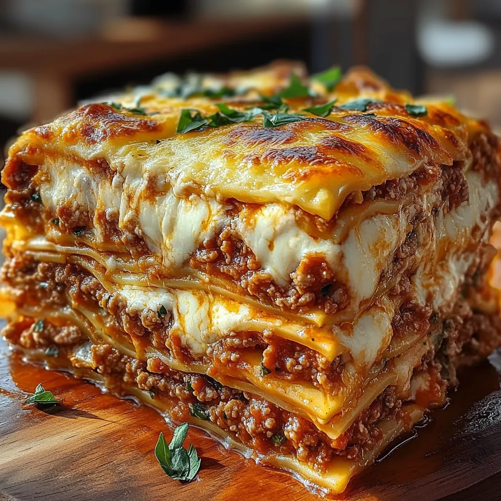 A slice of Million Dollar Lasagna on a white plate, showcasing layers of cheese, meat sauce, and pasta, garnished with fresh parsley.