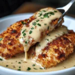 Parmesan Crusted Chicken topped with creamy garlic sauce, garnished with fresh parsley and served alongside pasta.