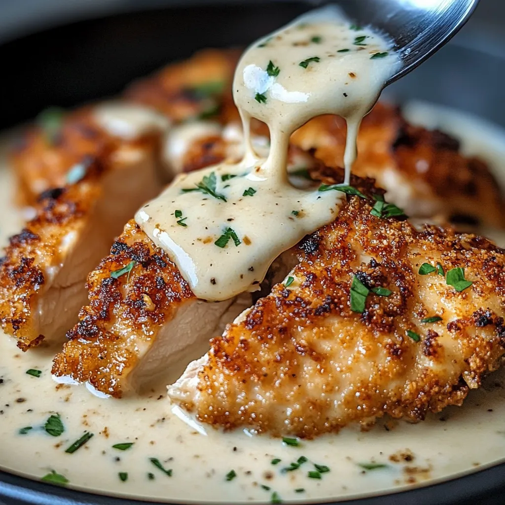 Parmesan Crusted Chicken topped with creamy garlic sauce, garnished with fresh parsley and served alongside pasta.