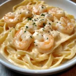 A plate of creamy Shrimp Fettuccine Alfredo garnished with fresh parsley, served with garlic bread on the side.