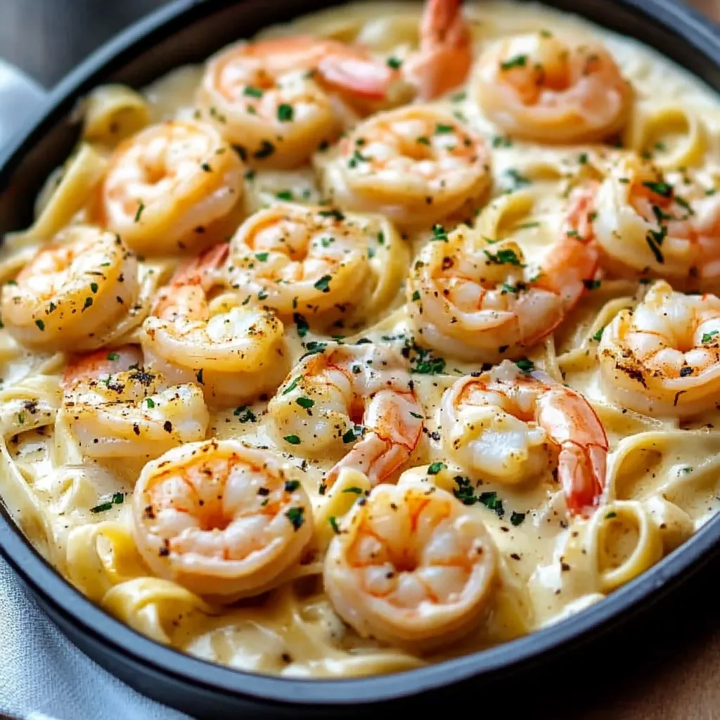 A plate of creamy Shrimp Fettuccine Alfredo garnished with fresh parsley, served with garlic bread on the side.