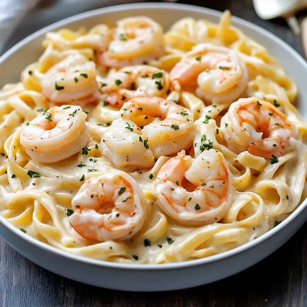 A plate of creamy Shrimp Fettuccine Alfredo garnished with fresh parsley, served with garlic bread on the side.