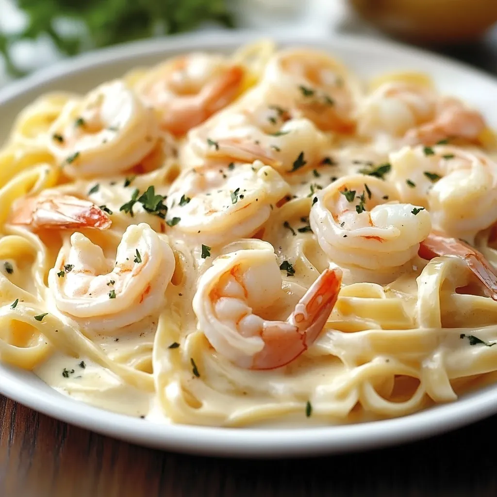 A plate of creamy Shrimp Fettuccine Alfredo garnished with fresh parsley, served with garlic bread on the side.