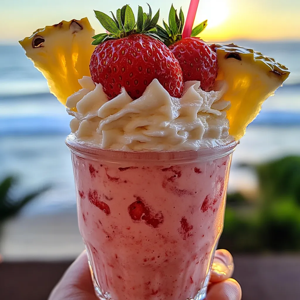 A refreshing glass of Strawberry Piña Colada topped with Malibu-inspired frosting and garnished with fresh fruit.