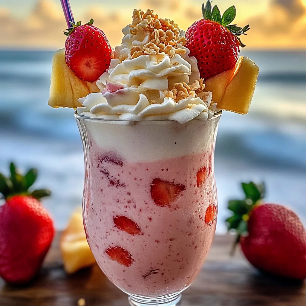 A refreshing glass of Strawberry Piña Colada topped with Malibu-inspired frosting and garnished with fresh fruit.