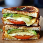 Golden brown Avocado, Mozzarella, and Tomato Grilled Cheese with melted cheese oozing out.