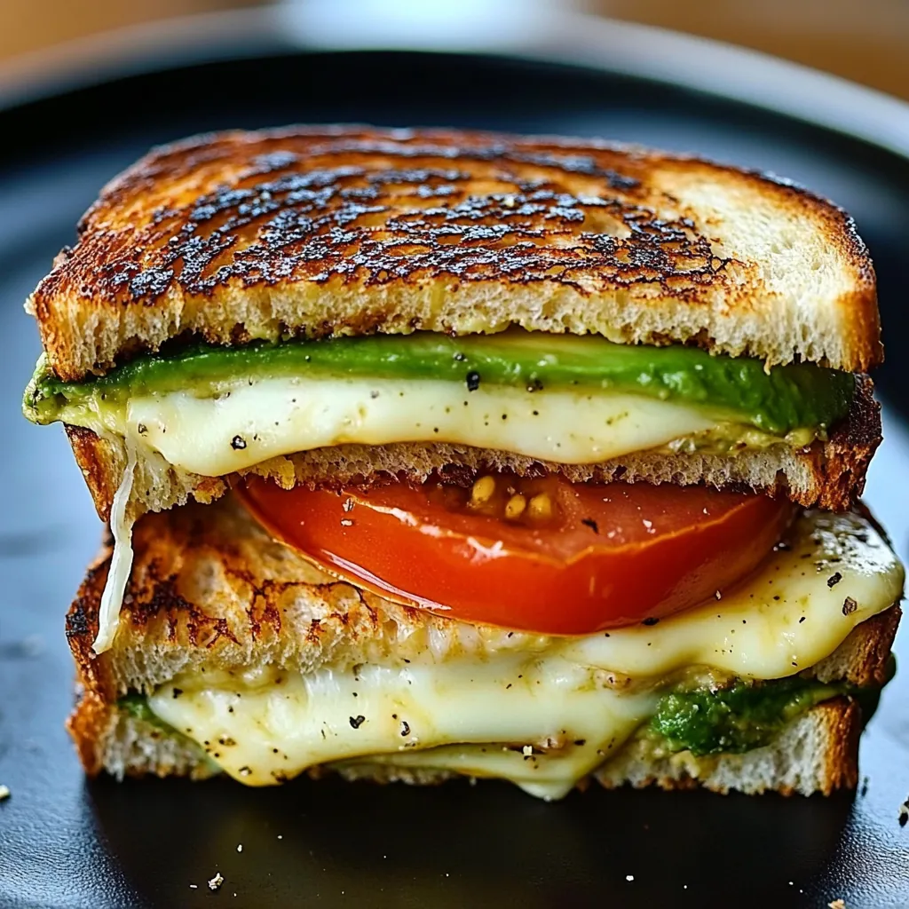 Golden brown Avocado, Mozzarella, and Tomato Grilled Cheese with melted cheese oozing out.