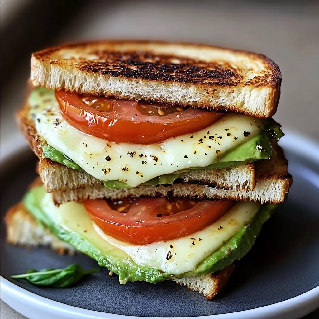 Butter-spread sourdough bread with avocado, tomato, and fresh mozzarella layered on top.