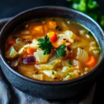 A steaming bowl of Cabbage Fat-Burning Soup filled with fresh vegetables, served in a white bowl with a garnish of fresh parsley.