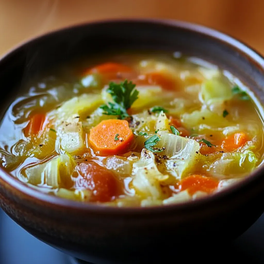 A steaming bowl of Cabbage Fat-Burning Soup filled with fresh vegetables, served in a white bowl with a garnish of fresh parsley.