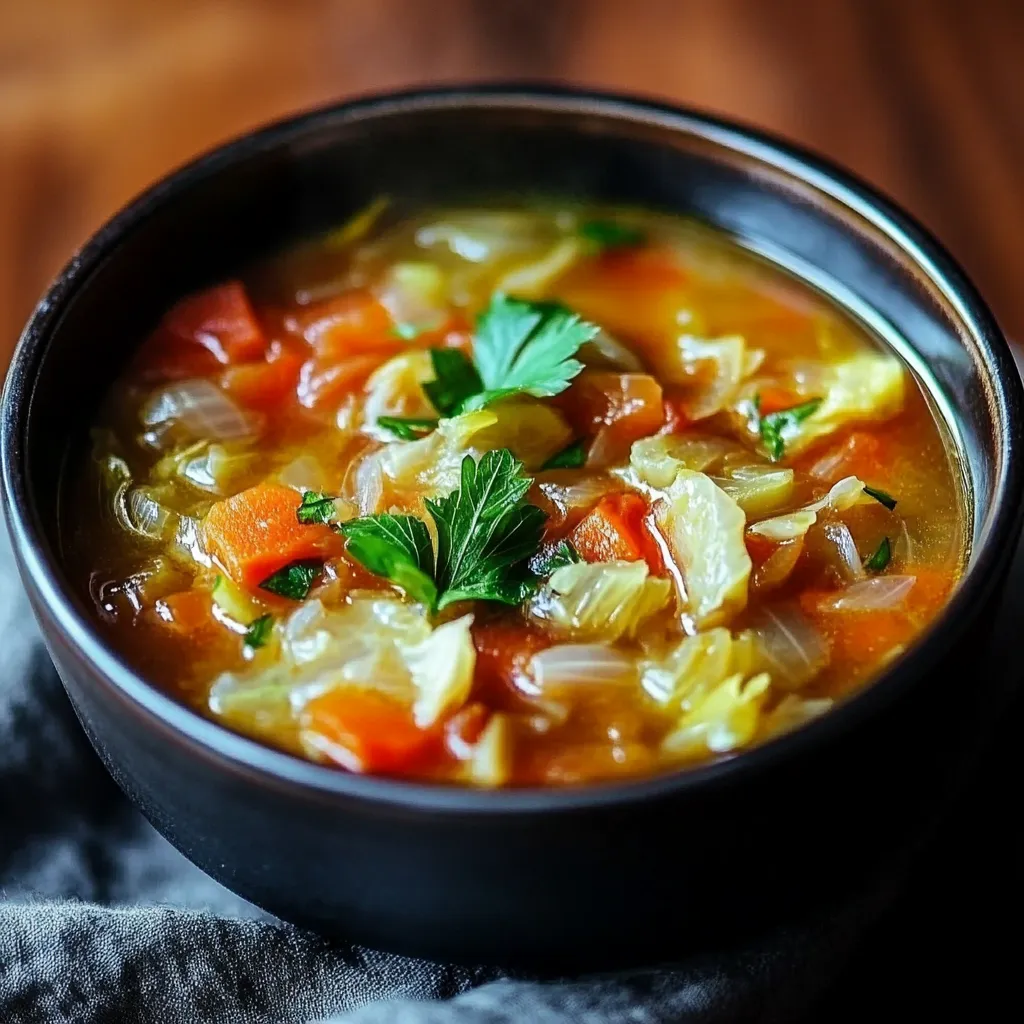 A steaming bowl of Cabbage Fat-Burning Soup filled with fresh vegetables, served in a white bowl with a garnish of fresh parsley.