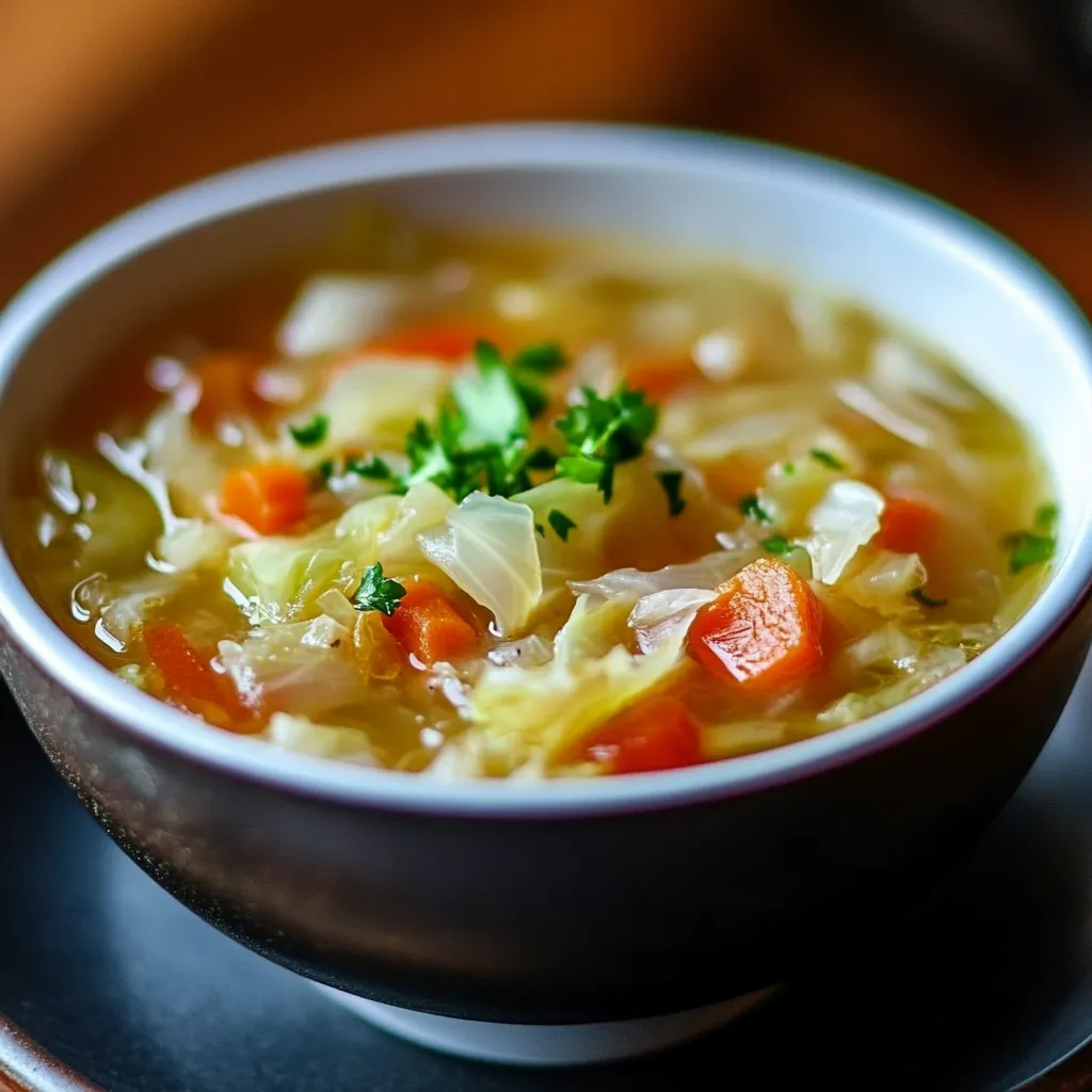 A steaming bowl of Cabbage Fat-Burning Soup filled with fresh vegetables, served in a white bowl with a garnish of fresh parsley.