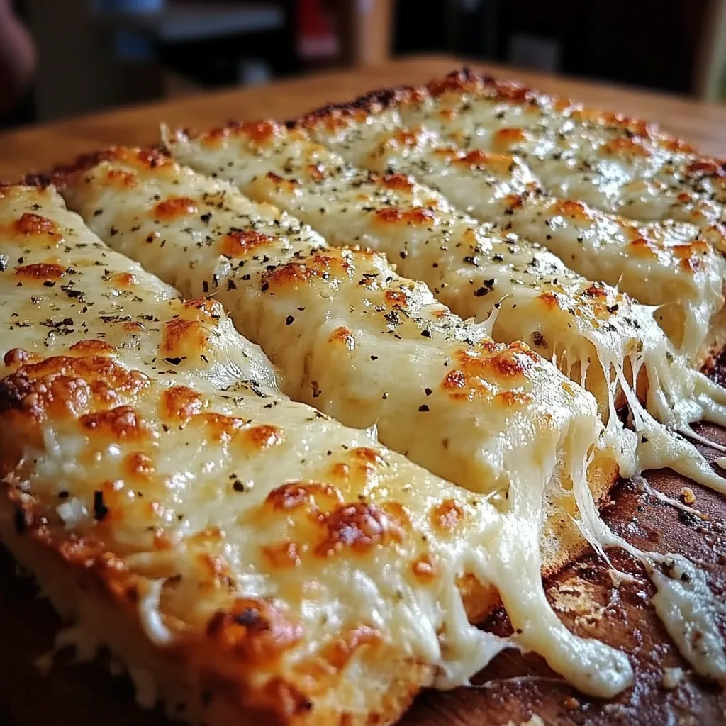 A golden loaf of homemade cheese bread with a crispy crust and gooey cheddar and Parmesan cheese inside.

